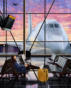 two people sitting in chairs looking out an airport window at the plane that is on the tarmac