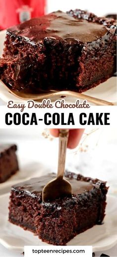 chocolate cake is being cut into pieces with a spatula on top and the words easy double chocolate coca - cola cake above it