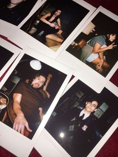 four polaroid photos of people sitting at a table with one person holding a wine glass