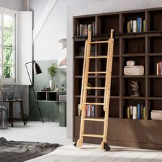 a ladder leaning against a bookshelf in a living room