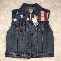 Jean Vest With Buttons Brand New Small Smoke Free Home Share If Not Your Liking Please Patriotic Blue Tops For Fall, Casual Outerwear With Star Print For Spring, Casual Spring Outerwear With Star Print, Blue Star Print Outerwear For Fall, Vest With Buttons, Jean Vest, Forever 21 Jacket, Stars And Stripes, Stripe Print