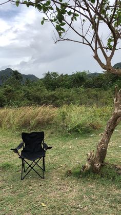 a black chair sitting in the grass next to a tree