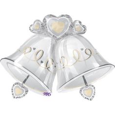 two clear bells with the word love on them and hearts in gold lettering are shown against a white background