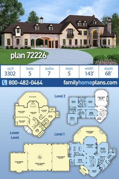 the floor plan for this luxury home is shown in blue and white, with lots of windows