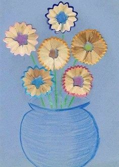 a painting of flowers in a vase on a blue background with white and yellow petals