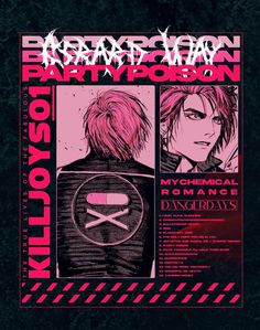 an advertisement for a party with two men in black jackets and pink hair, one is wearing