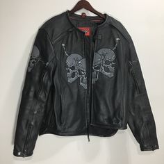 First Riding Men’s Motorcycle Black Skull Size L Jacket Heavy Leather Padded Pre-Own With Excellent Condition (Used Once) Measurements: Underarms 25”, Length 27.5”, Waist 22”, Hip 17.5” Material: Genuine Leather.Full Zip Our Lining. Padded Back And Shoulders. Vented Sides, Scull And Barded Thank You For Your Purchase. Our Goal Is To Earn 5-Star Positive 100% Feedback. If You Had Any Problems With This Transaction, Please Give Us An Opportunity To Make It Right Before Leaving Negative Feedback Black Biker Jacket With Zip Fly For Outdoor, Black Biker Jacket For Outdoor, Black Moto Leather Jacket With Pockets, Black Riding Outerwear, Black Moto Leather Jacket For Outdoor, Black Long Sleeve Riding Outerwear, Black Biker Jacket With Pockets, Black Long Sleeve Outerwear For Riding, Black Biker Jacket With Zip Fly For Motorcycling