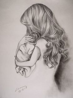 a pencil drawing of a woman holding a baby in her arms and looking down at the ground