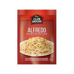 a packet of alfredo noodles on a white plate