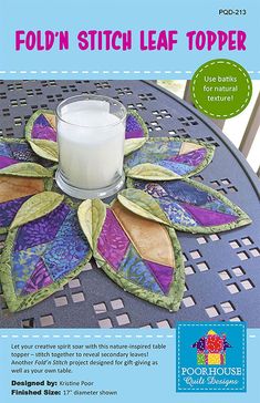 the front cover of an easy to make table topper with flowers and leaves on it