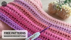 three crocheted hats with flowers on the side and text overlay that says free pattern