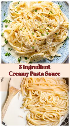 three different types of pasta on plates with the words, 3 ingredient creamy pasta sauce