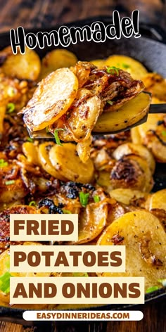 fried potatoes and onions in a skillet with text overlay