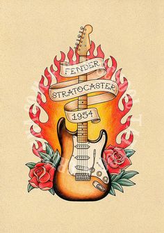 a drawing of a guitar with flames and roses on the bottom half of its body