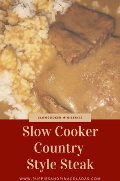 slow cooker country style steak with brown gravy and rice on the side