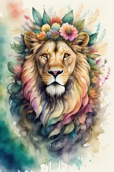 a painting of a lion with flowers on its head