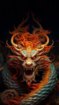 a dragon with orange and blue flames on it's face