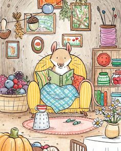 a drawing of a mouse reading a book in a chair with other items on the wall