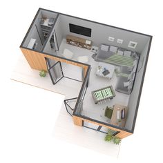 an overhead view of a two bedroom, one bath apartment with living room and kitchen