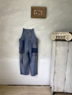 Hello and welcome to the Textile Trunk! Please follow us on Instagram, we are @textiletrunk As hipster as they get! Rustic, primitive wear ~ This textile is a lovely pair of vintage French overalls!! The top straps are all missing, but these are still a lovely treat! Made from a beautiful heavy weight indigo denim moleskin! ~~ These overalls date to the 1940s or a bit earlier~ There are two front pockets at the waist, and a button pocket on the bib. ~ lovely for creative hands to add some straps Indigo Cotton Overalls With Pockets, Retro Denim Blue Overalls With Pockets, Vintage Cotton Jeans With Pockets, Vintage Blue Cotton Overalls, Vintage Denim Blue Bottoms With Pockets, Vintage Blue Cotton Jeans, Retro Blue Jeans With Pockets, Retro Cotton Bib Front Jeans, Vintage Washed Cotton Overalls