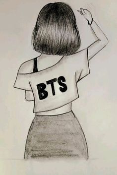 a pencil drawing of a woman with her back to the camera, wearing a bts t - shirt