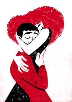 a drawing of a woman with red hair hugging her face