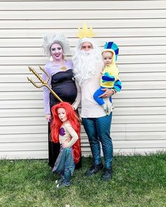 three people dressed up as the little mermaid and prince