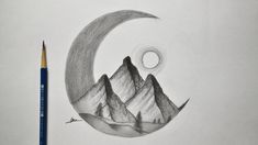 a pencil drawing of the moon and mountains