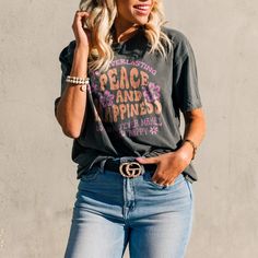 ✌️ Spread positive vibes everywhere you go with our 'Peace and Happiness' graphic tee! Embrace the spirit of tranquility and joy with this uplifting design. Hippie Graphic Print T-shirt For Fall, Hippie Style T-shirt With Letter Print, Hippie Style Soft-washed Short Sleeve T-shirt, Casual Short Sleeve Tops With Peace Sign, Peace And Happiness, Graphic Tees Vintage, Oversized Shirt, The Spirit, Positive Vibes