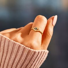 This dainty golden evil eye ring is the perfect gift to bring blessings and protection to family, friends, and loved ones. Evil Eye Ring Design, Eye Rings Jewelry, Evil Eye Rings, Eye Accessories, Meaningful Rings, Evil Eye Ring Gold, Gold Ideas, Evil Eye Symbol