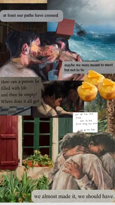 a collage of images with words and pictures on them, including an image of two people hugging each other