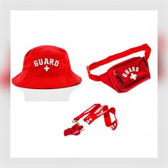 a red hat, fanny bag and lanyard with the word guard printed on it