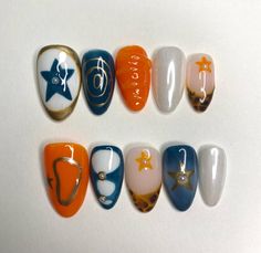 freestyle! trying to get better at painting stars 🧡⭐️ #nailart #nailsnailsnails #naildesign #nails #pressonnails #pressons #gel #gelnails #trendynails #coolgirl #fakenails Star Nail Designs, Orange Stick, Nails Blue, Nail Sets, Blue Nail Designs, Nail Files, Star Nails, Funky Nails