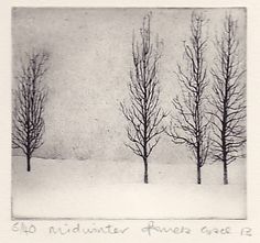 three trees in the snow with no leaves