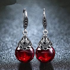 Vintage Garnet Earrings, Garnet Drop Earrings, Red Garnet Earrings, Marcasite Earrings, Natural Stone Earrings, Artisan Earrings, Red Gemstones, Garnet Earrings, Ruby Earrings