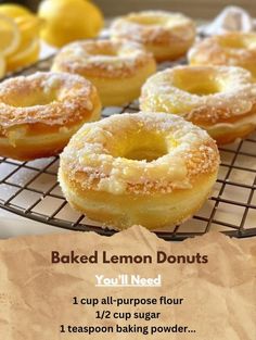 baked lemon donuts on a cooling rack, with instructions for baking the doughnuts