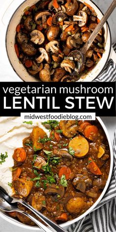 two bowls filled with stew and vegetables on top of a striped table cloth next to a spoon