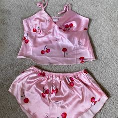 Pink Cherry Pajama Set !! Never Worn !! Cherry Pajama Set, Coquette Pj Set, Trashy Y2k Pajamas, 2000 Pajamas, Pink V-neck Sets For Pajama Party, Pink V-neck Pajama Party Set, Pink Summer Bedtime Sets, Cute V-neck Sleepwear For Loungewear, Pink Summer Sleepwear For Bedtime