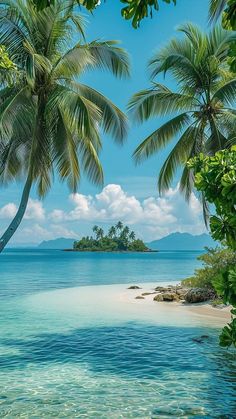 an island surrounded by palm trees in the ocean with clear blue water and white sand