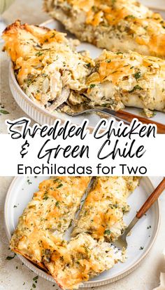 an enchilada with chicken and green chile on it is cut into slices