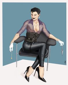 a drawing of a woman sitting in a chair holding a knife and wearing black heels