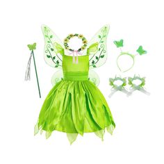 a green fairy costume with wings, tiara and wands on a white background