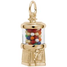 Protected by our Lifetime Warranty! Free ShippingPut a quarter in and twist and turn to watch a tasty gumball roll down the maze and into the bin! Blow big bubbles all day with this Yellow Gold 3D Gumball Machine charm!Height: 3/4 in. ~ (17.69 mm)Width: 3/8 in. ~ (10.95 mm)Yellow Gold charm for charm braceletsHandcrafted High Polish FinishRembrandt Charms 30 Day Money Back Guarantee Free U.S. Shipping for orders over $50 Also Available in: White Gold - $589 | Sterling Silver - $50 | Gold Plated Food Charms, Big Bubbles, Gumball Machine, Gold Diamond Necklace, Vintage Jewels, Rembrandt, The Deal, Gold Plated Silver, Gold Charm