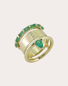 Designed to look like multiple rings stacked together, this 14-karat gold piece shows off three different style bands embellished with a stunning array of diamond and emerald stones. From Type Jewelry's Type Stack Collection. 14k gold, emerald and diamond Carat: 0.04 ctw diamond, 1.11 ctw gemstone Polish with soft cloth Made in Hong Kong Measurements Height: 0.78in (20mm) Rings Stacked, Multiple Rings, Diamond Stacks, Stack Ring, Gold Piece, Diamond Carat, Emerald Stone, Stacking Rings, Ring Designs