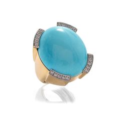 Cabochon turquoise, brilliant-cut diamonds, polished 18K gold, and platinum Pool Ring, David Webb, Ring Turquoise, Turquoise Rings, Light Turquoise, Diamond Fashion, Ring Collections, Brilliant Cut Diamond, Cocktail Rings