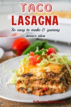 taco lasagna on a plate with lettuce and tomatoes