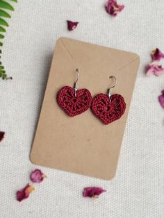 "Delicate micro-crocheted heart earrings bring a touch of romance to boho, hippie and retro-inspired outfits. Soft aesthetic also works well with rustic and cottage core styles. Excellent gifts for a friend, wedding, anniversary, Valentine's day, Mothers' day, or any occasion!  Hearts measure approx. 0.75\" and hang from hypoallergenic, nickel- and lead-free earring wires with silicone stopper backs to keep them secure all day.  Super-lightweight construction will not weigh down the ears.  The d Cheap Bohemian Valentine's Day Earrings, Red Crochet Jewelry As A Gift, Bohemian Pink Earrings With Heart Beads, Cute Handmade Red Heart Earrings, Red Crochet Jewelry For Gift, Red Crochet Jewelry Gift, Handmade Red Heart Earrings, Gift Red Crochet Jewelry, Crochet Rose Earrings