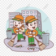 two children cleaning the street with brooms and trash cans, cartoon character png