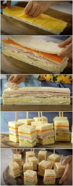 sandwiches are stacked on top of each other with toothpicks