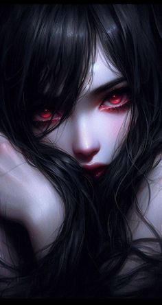 an evil looking woman with red eyes and long black hair, holding her hands to her chest